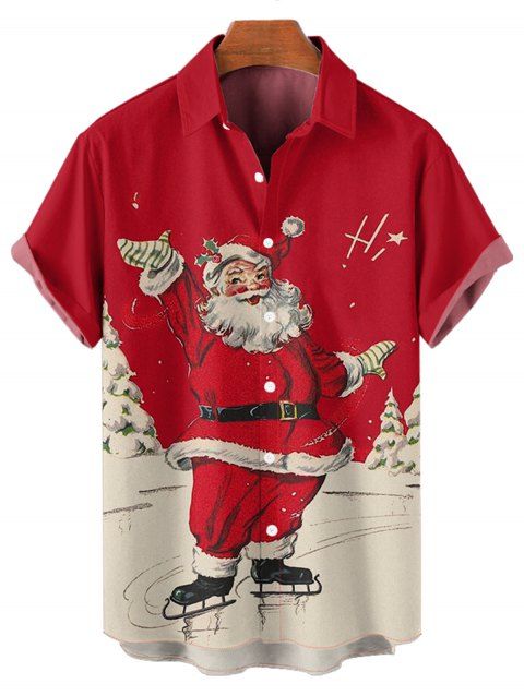 Chemise Décontractée Père Noël Imprimée Boutonnée à Manches Courtes