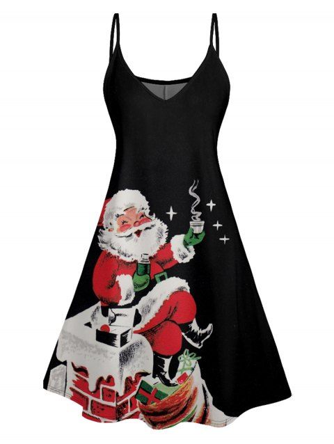 Christmas Santa Claus Print High Waist Spaghetti Strap V Neck Dress Sleeveless A Line Cami Dress