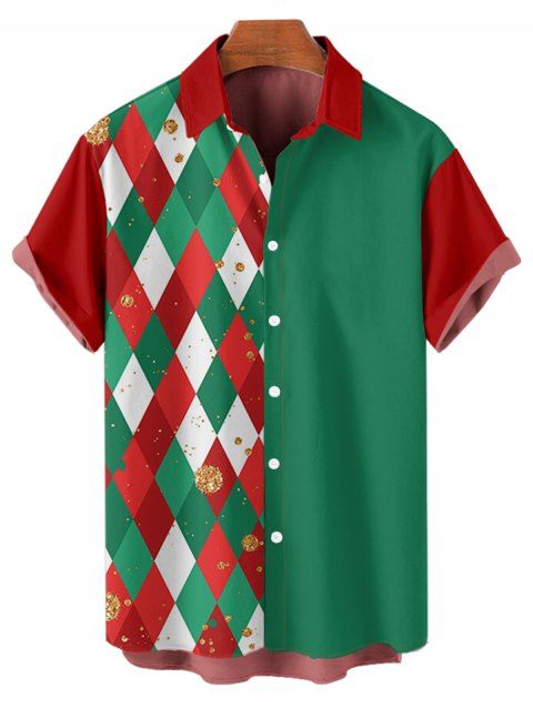 Chemise de Noël Boutonnée Losange Imprimé en Couleur Contrastée à Manches Courtes