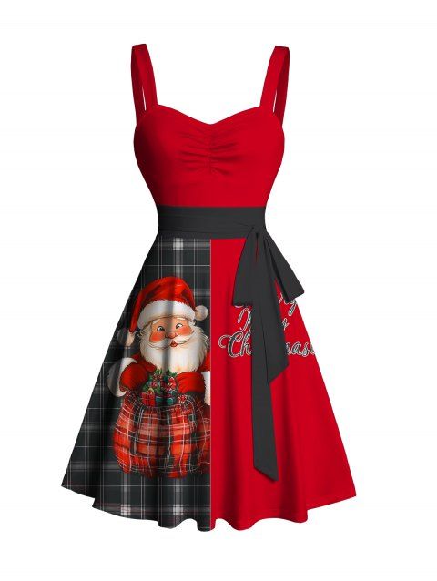 Christmas Plaid Santa Claus Letter Half And Half Print Belted Mini Dress Ruched Sweetheart Neckline Xmas Dress