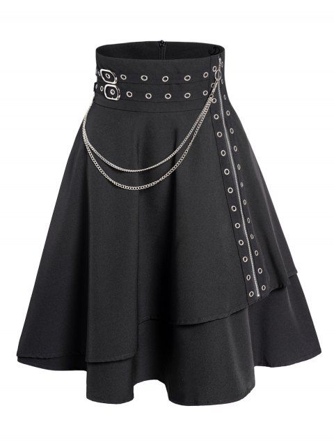 Gothic Skirt Plain Color Grommet Chain Embellishment Zipper Fly Layered A Line Mini Skirt