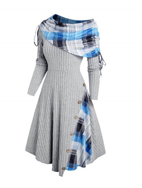 Plaid Patchwork Off The Shoulder Cinched Asymmetric Dress Mock Button Decor Ribbed Warm Dress