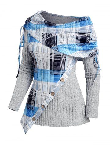 Plaid Print Panel Asymmetric Shoulder Cinched Ribbed Knit Top