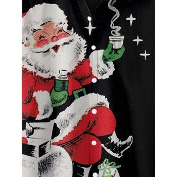 Men's Christmas Santa Claus Print Roll Up Sleeve Shirt Button Up Short Sleeve Casual Shirt