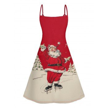 Christmas Santa Claus Print High Waist Spaghetti Strap V Neck Dress and Roll Up Sleeve Shirt Outfit