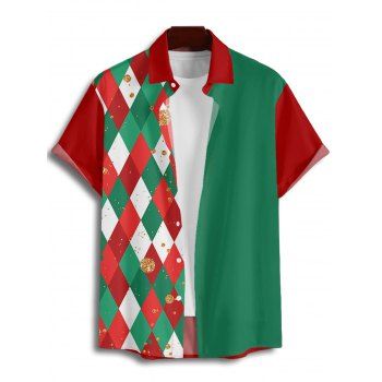 Christmas Argyle Print ColorblockBelted Mini Dress And Short Sleeve Button Up Shirt Matching Outfit