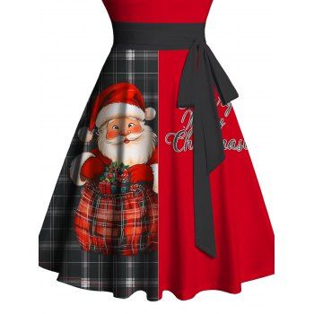 Christmas Plaid Santa Claus Letter Half And Half Print Belted Mini Dress Ruched Sweetheart Neckline Xmas Dress