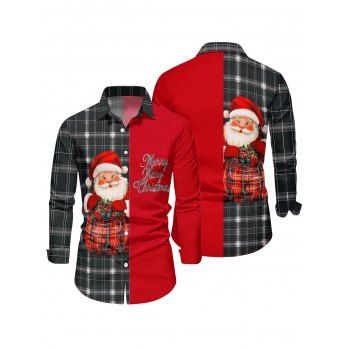 Christmas Plaid Santa Claus Letter Half And Half Print Belted Mini Dress And Long Sleeve Button Up Shirt Matching Outfit