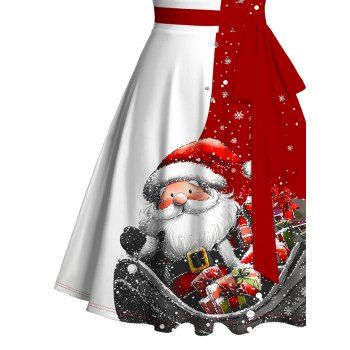 Christmas Contrast Color Santa Claus Snowflake Print Ruched Belted Mini Dress