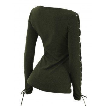 Solid V O Ring Neck Lace Up Long Sleeve Fit Top 