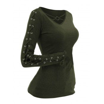 Solid V O Ring Neck Lace Up Long Sleeve Fit Top 