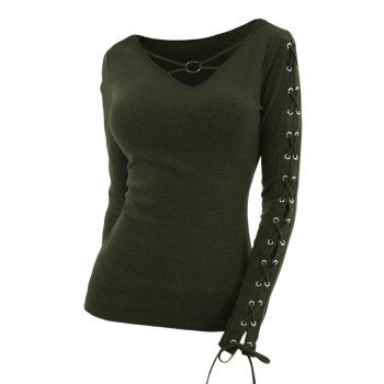 Solid V O Ring Neck Lace Up Long Sleeve Fit Top 