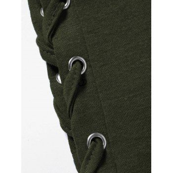 Solid V O Ring Neck Lace Up Long Sleeve Fit Top 