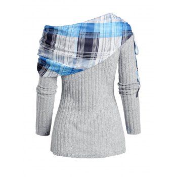 Plaid Print Panel Asymmetric Shoulder Cinched Ribbed Knit Top 