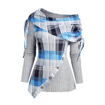 Plaid Print Panel Asymmetric Shoulder Cinched Ribbed Knit Top 