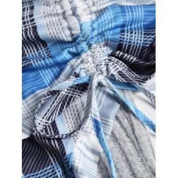 Plaid Print Panel Asymmetric Shoulder Cinched Ribbed Knit Top 
