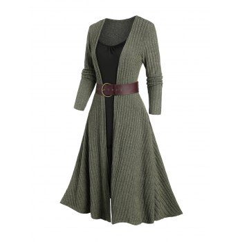 Rib Contrast Long Sleeve O Ring Belt 2 In 1 Knit Dress 
