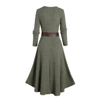 Rib Contrast Long Sleeve O Ring Belt 2 In 1 Knit Dress 
