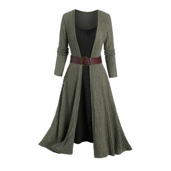 Rib Contrast Long Sleeve O Ring Belt 2 In 1 Knit Dress 