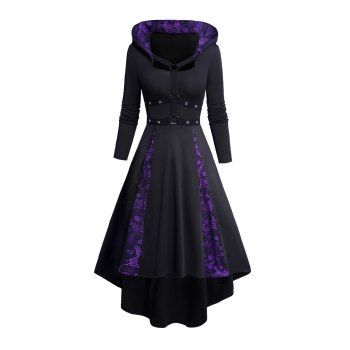 Skull Lace Patchwork O Ring Grommet Decor Hooded Dress Contrast Long Sleeve High Low Dress 