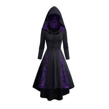 Skull Lace Patchwork O Ring Grommet Decor Hooded Dress Contrast Long Sleeve High Low Dress 