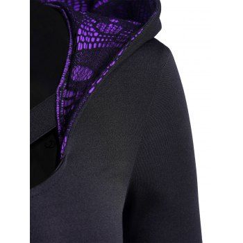 Skull Lace Patchwork O Ring Grommet Decor Hooded Dress Contrast Long Sleeve High Low Dress 