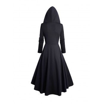 Skull Lace Patchwork O Ring Grommet Decor Hooded Dress Contrast Long Sleeve High Low Dress 