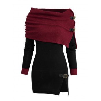 Open Shoulder Knit Foldover Top Long Sleeve Buckle Strap Solid Color Top 