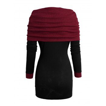 Open Shoulder Knit Foldover Top Long Sleeve Buckle Strap Solid Color Top 