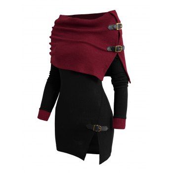 Open Shoulder Knit Foldover Top Long Sleeve Buckle Strap Solid Color Top