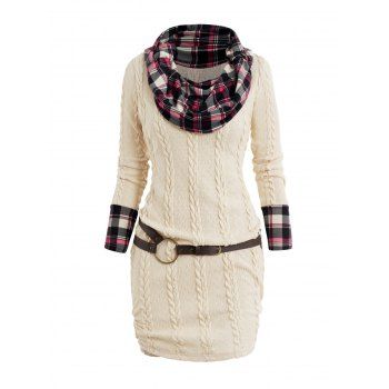 Plaid Panel Cable Knit Belted Sweater Dress Cowl Neck Ruched Mini Dress 