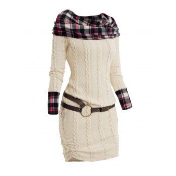 Plaid Panel Cable Knit Belted Sweater Dress Cowl Neck Ruched Mini Dress 