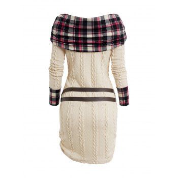 Plaid Panel Cable Knit Belted Sweater Dress Cowl Neck Ruched Mini Dress 