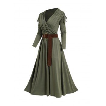 Cinched Ruched Surplice Plunge Belted Mini Dress Solid Color High Waist Long Sleeve Dress 