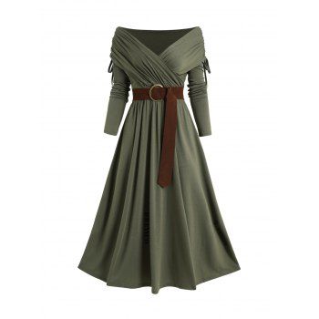 Cinched Ruched Surplice Plunge Belted Mini Dress Solid Color High Waist Long Sleeve Dress 