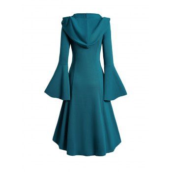 Grommet Gothic Hooded Top High Low Hem Buckle Flare Sleeve Frilled Top 