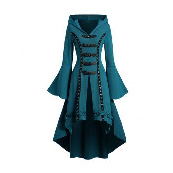 Grommet Gothic Hooded Top High Low Hem Buckle Flare Sleeve Frilled Top 