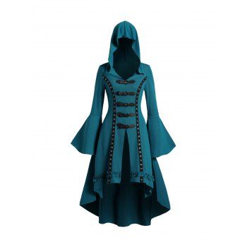 Grommet Gothic Hooded Top High Low Hem Buckle Flare Sleeve Frilled Top 