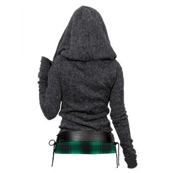 Plaid Print Hooded Knit Top Long Sleeve Surplice Hood Knitted Top With Lace-up Belt