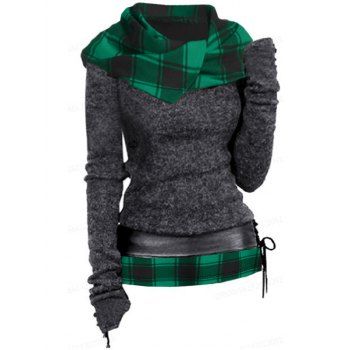Plaid Print Hooded Knit Top Long Sleeve Surplice Hood Knitted Top With Lace-up Belt 
