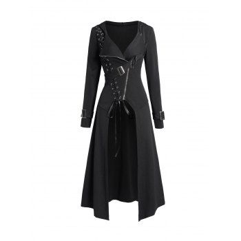 Punk Gothic Hooded Coat Plain Color Lace Up Zip Coat 