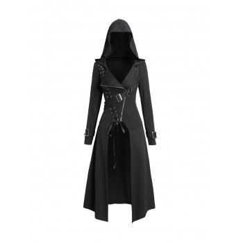 Punk Gothic Hooded Coat Plain Color Lace Up Zip Coat 