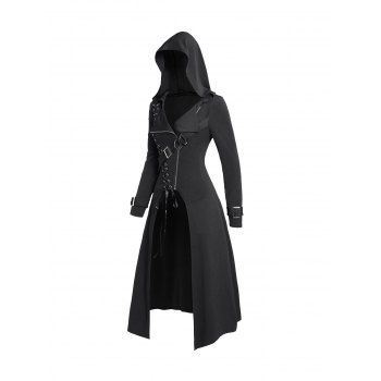 Punk Gothic Hooded Coat Plain Color Lace Up Zip Coat 