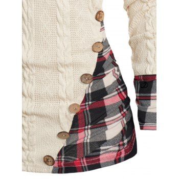 Twisted Cable Knit Plaid Print Hooded Sweater Mock Button Ruched Shawl Neck Sweater