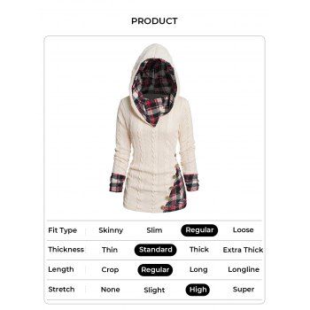 Twisted Cable Knit Plaid Print Hooded Sweater Mock Button Ruched Shawl Neck Sweater 
