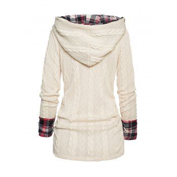 Twisted Cable Knit Plaid Print Hooded Sweater Mock Button Ruched Shawl Neck Sweater 