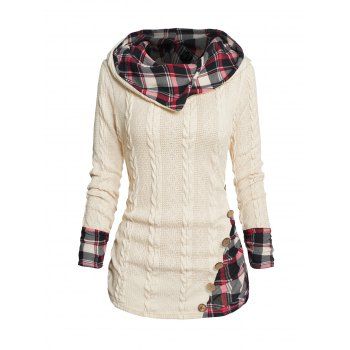 Twisted Cable Knit Plaid Print Hooded Sweater Mock Button Ruched Shawl Neck Sweater 