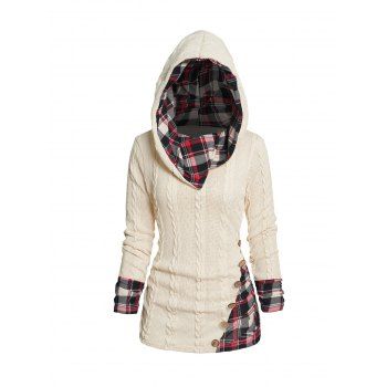 Twisted Cable Knit Plaid Print Hooded Sweater Mock Button Ruched Shawl Neck Sweater 