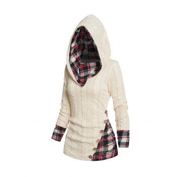 Twisted Cable Knit Plaid Print Hooded Sweater Mock Button Ruched Shawl Neck Sweater 