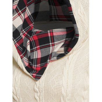 Twisted Cable Knit Plaid Print Hooded Sweater Mock Button Ruched Shawl Neck Sweater 